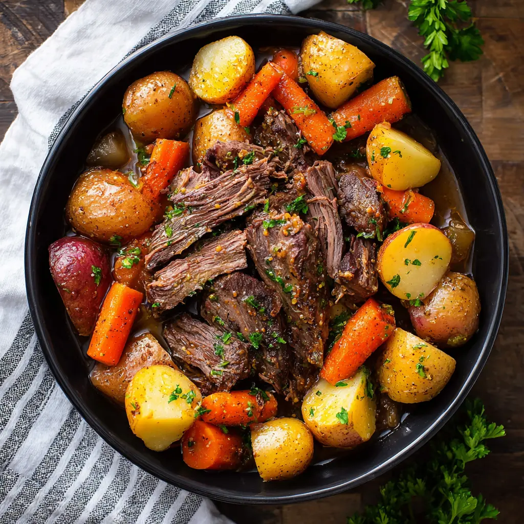Crockpot beef pot roast with vegetables, served and ready to eat  an easy homemade dinner