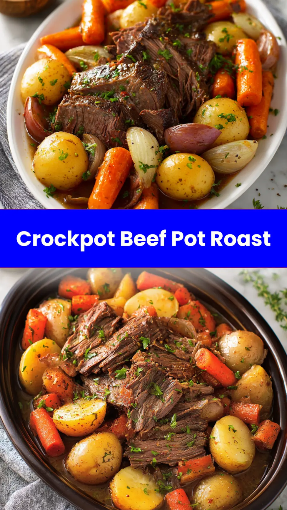 Crockpot beef pot roast with vegetables, served and ready to eat  easy homemade dinner