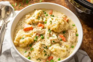Crockpot Chicken and Dumplings recipe, served and ready to eat, easy homemade dinner