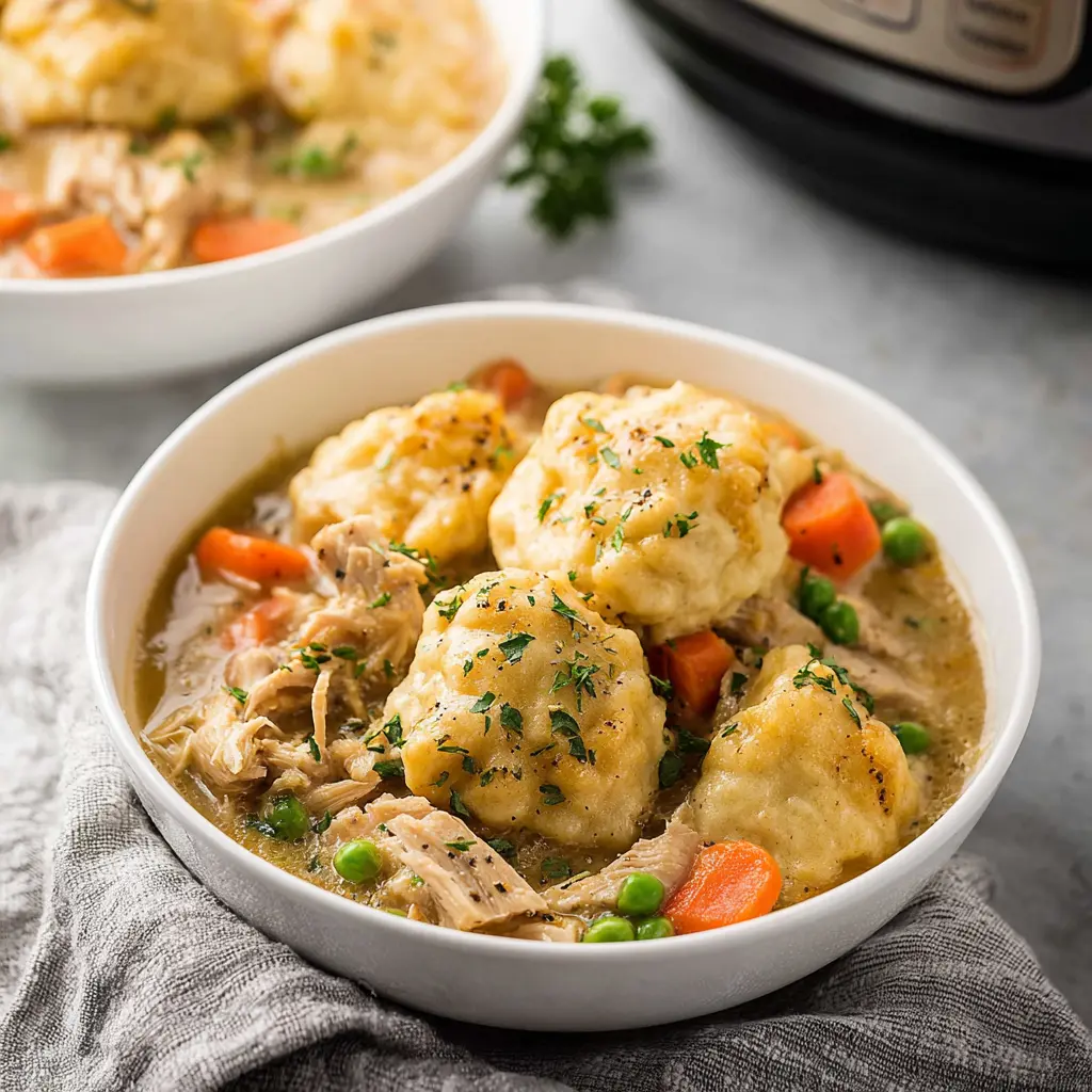 Crockpot Chicken and Dumplings recipe, served and ready to eat, easy homemade dinner