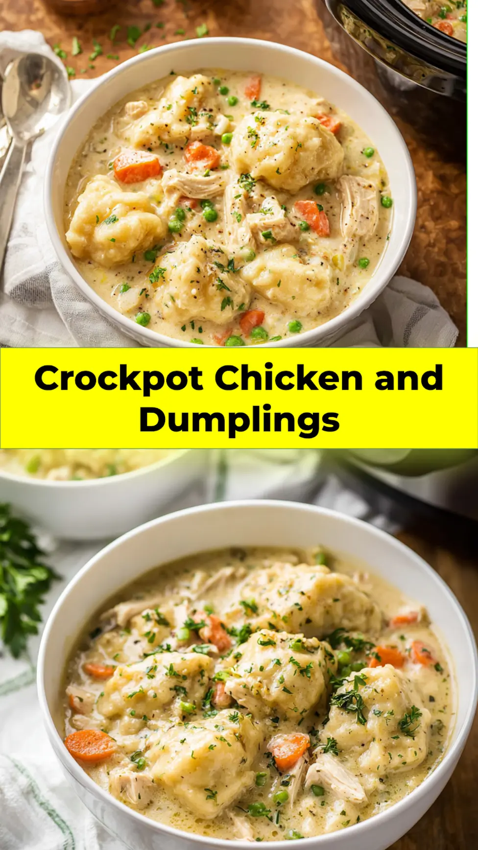 Crockpot Chicken and Dumplings recipe, served and ready to eat, easy homemade dinner