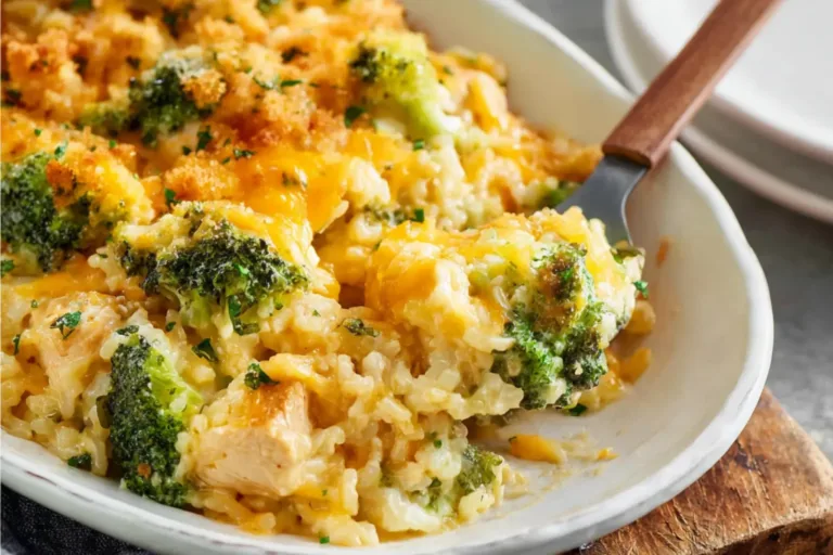 Crockpot Chicken Broccoli Rice Casserole recipe, served and ready to eat, easy homemade dinner
