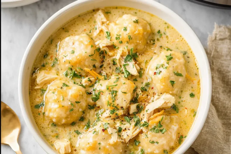 Crockpot Chicken Dumplings recipe, served and ready to eat, easy homemade dinner