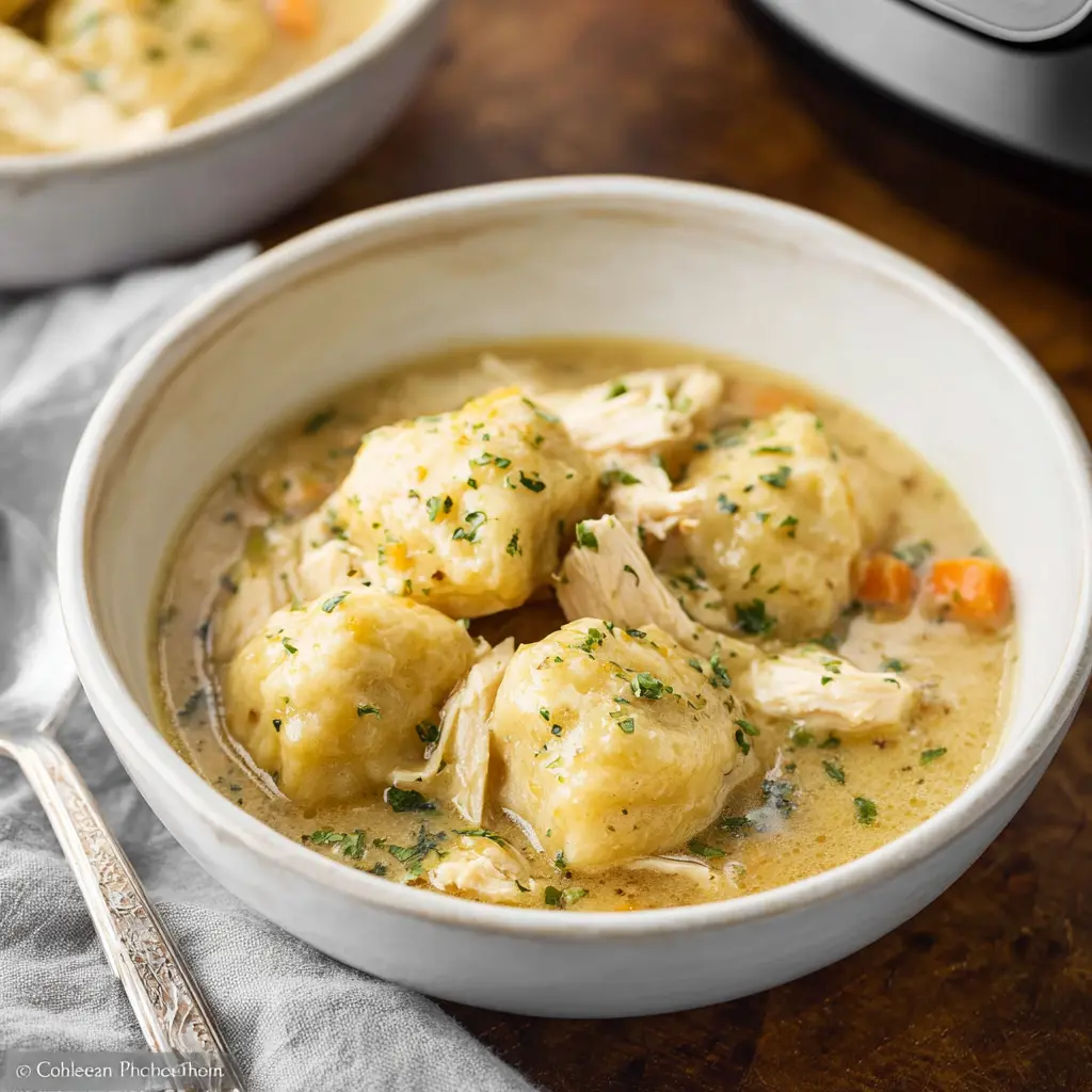 Crockpot Chicken Dumplings recipe, served and ready to eat, easy homemade dinner