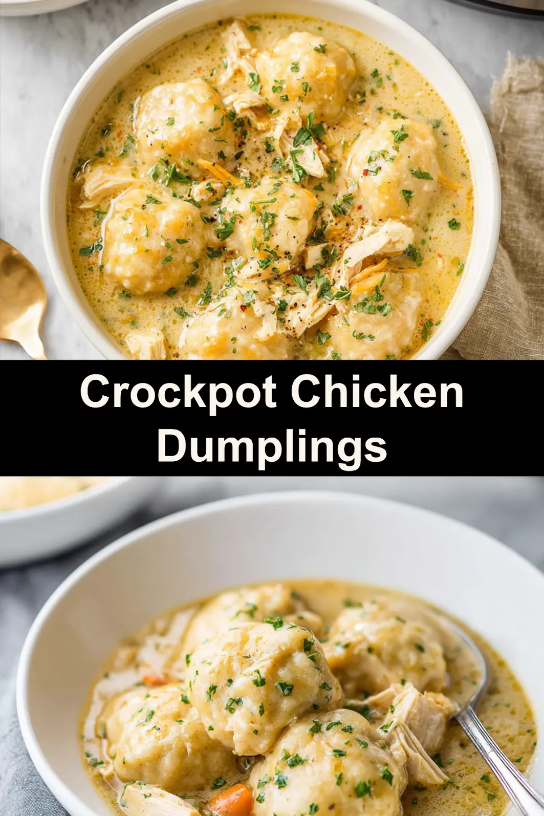 Crockpot Chicken Dumplings recipe, served and ready to eat, easy homemade dinner