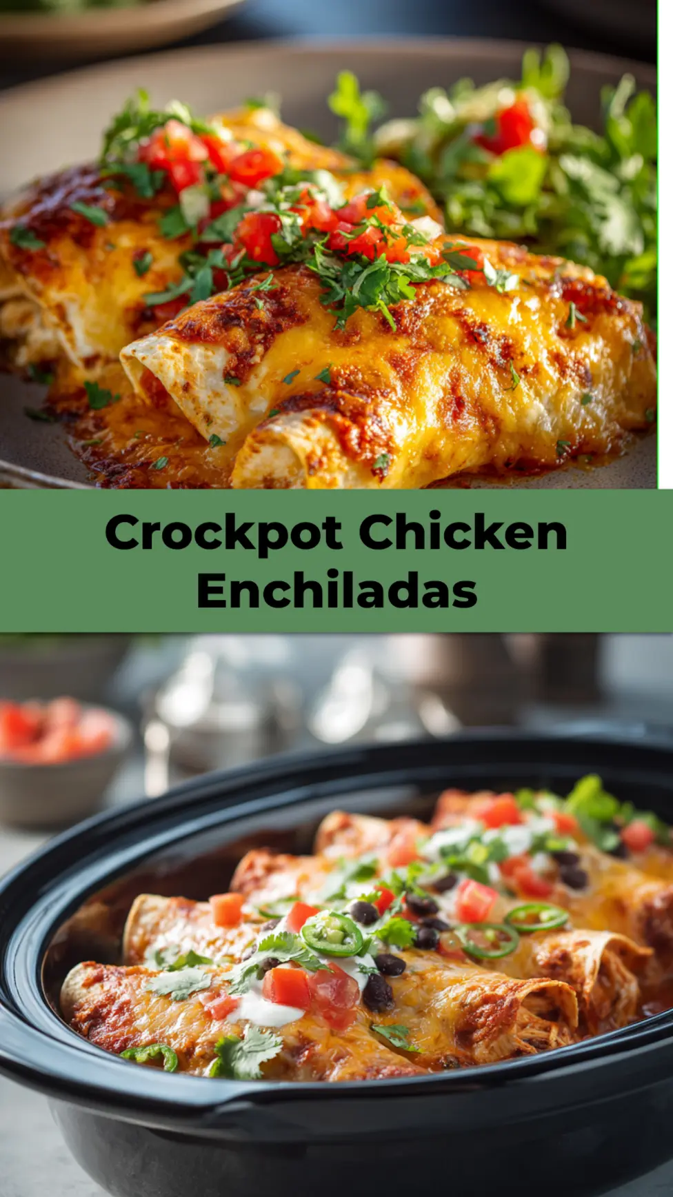 Crockpot Chicken Enchiladas recipe, served and ready to eat, easy homemade dinner