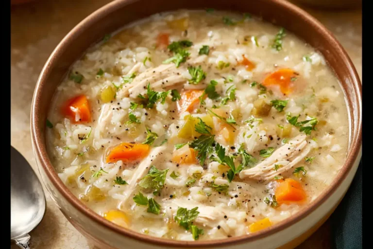 Crockpot Chicken Rice Soup recipe, served and ready to eat, easy homemade dinner
