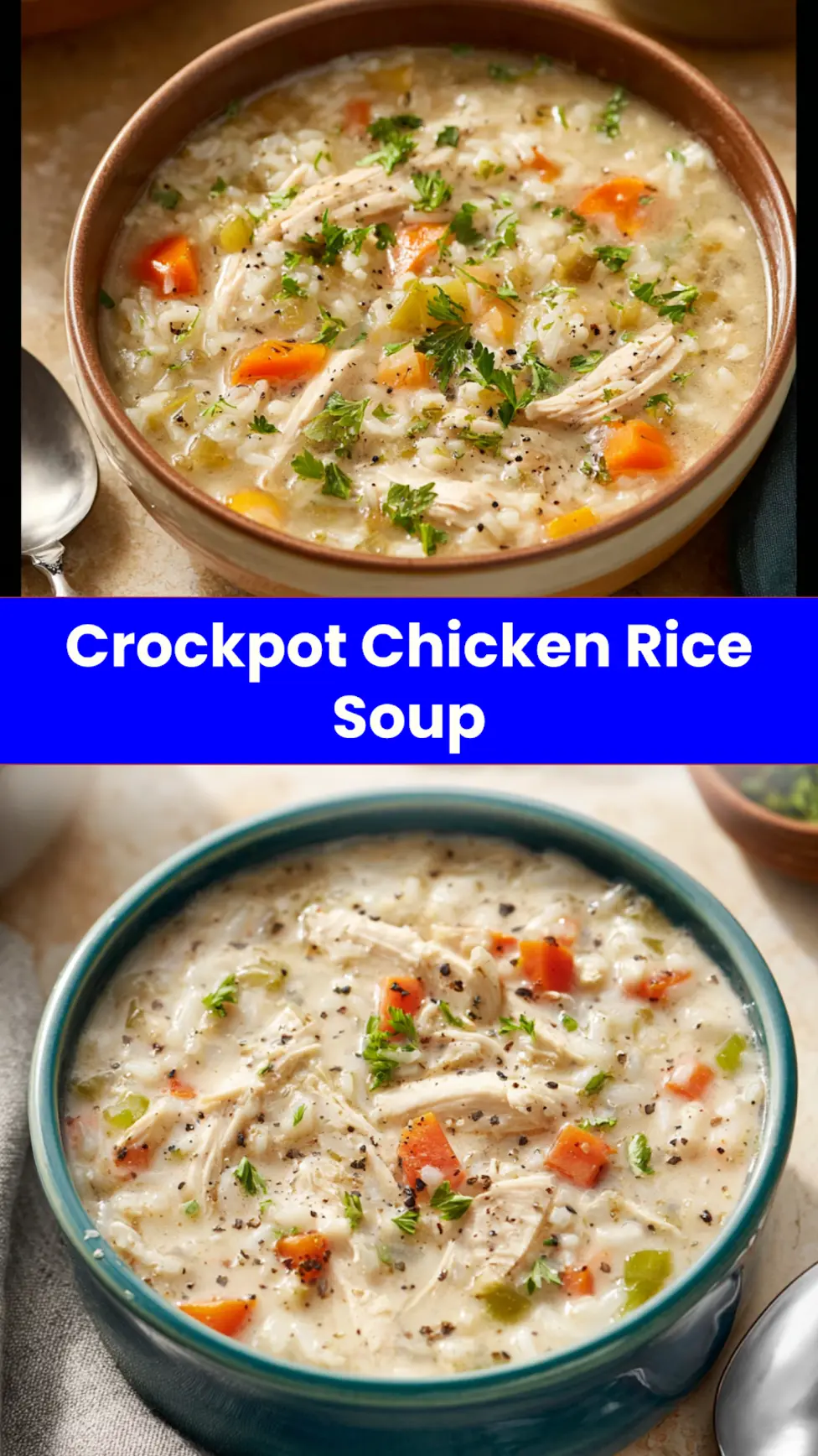 Crockpot Chicken Rice Soup recipe, served and ready to eat, easy homemade dinner