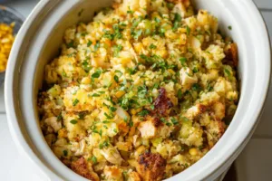 Crockpot Chicken Stuffing Casserole recipe, served and ready to eat, easy homemade dinner