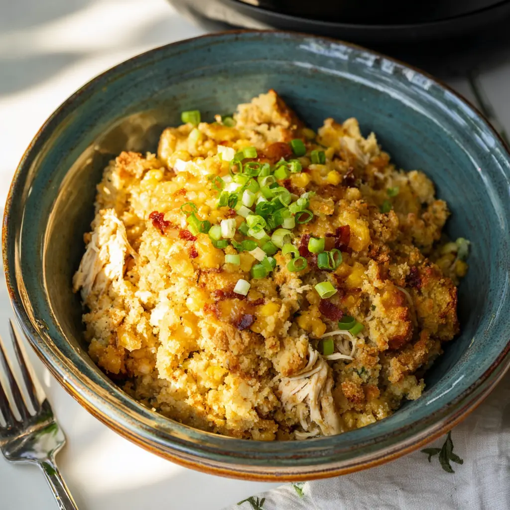 Crockpot Chicken Stuffing Casserole recipe, served and ready to eat, easy homemade dinner