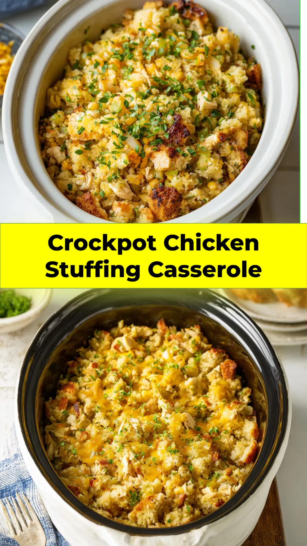 Crockpot Chicken Stuffing Casserole recipe, served and ready to eat, easy homemade dinner