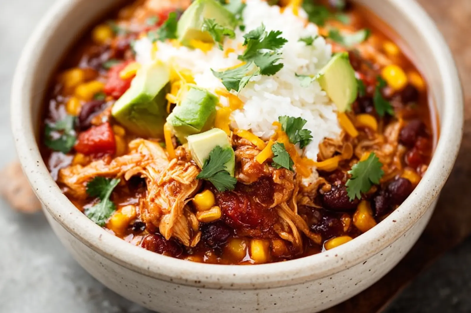Crockpot Chicken Taco Chili recipe, served and ready to eat, easy homemade dinner