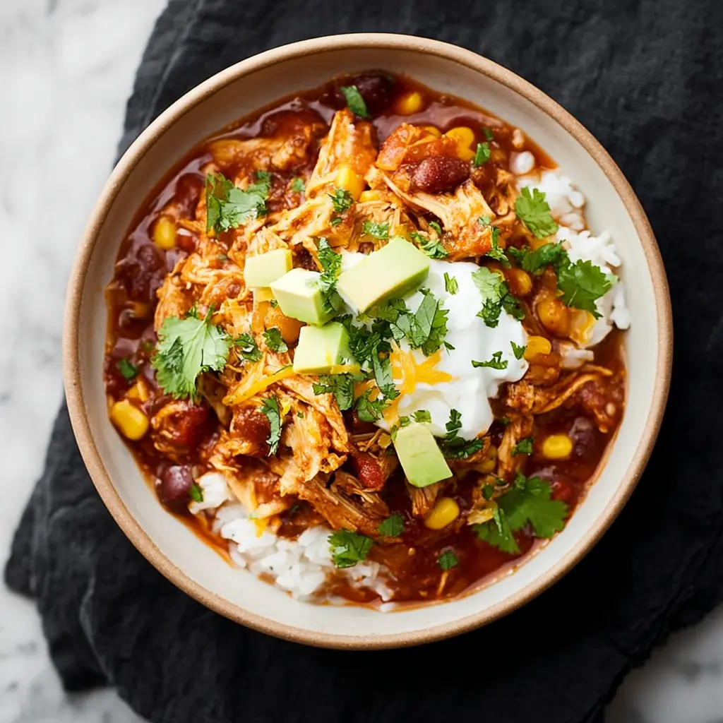 Crockpot Chicken Taco Chili recipe, served and ready to eat, easy homemade dinner