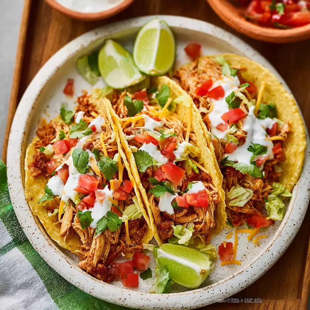 Crockpot Chicken Tacos served and ready to eat, made in a slow cooker with shredded seasoned chicken
