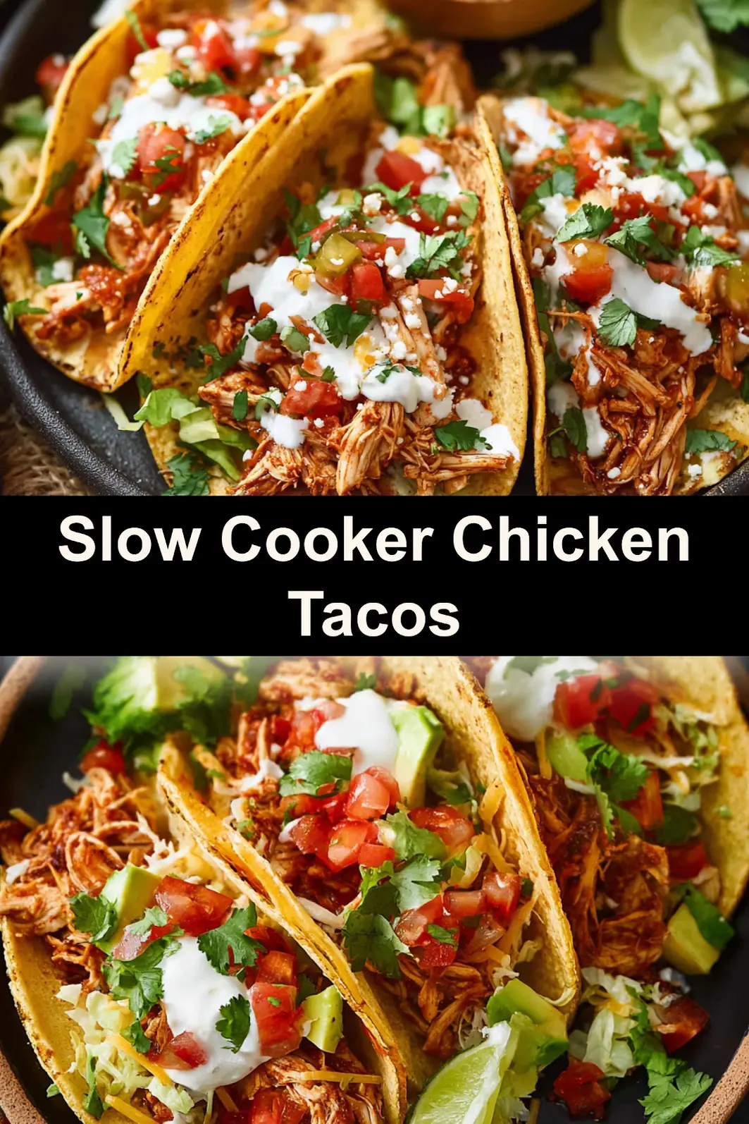 Crockpot Chicken Tacos recipe pin showing shredded slow cooker chicken served in taco shells