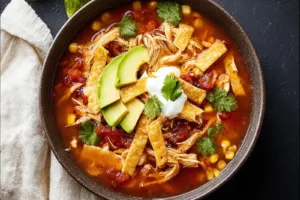 Crockpot Chicken Tortilla Soup recipe, served and ready to eat, easy homemade dinner