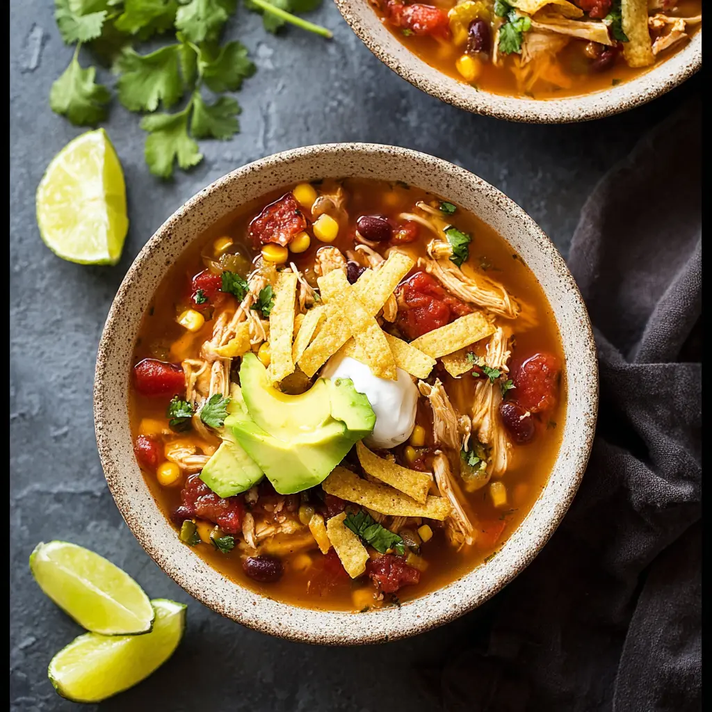 Crockpot Chicken Tortilla Soup recipe, served and ready to eat, easy homemade dinner