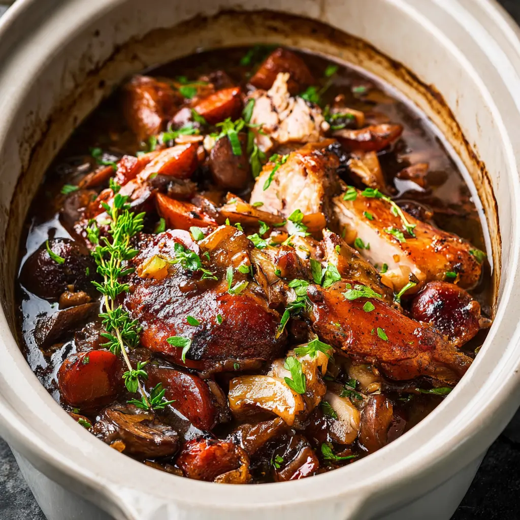 Crockpot Coq Au Vin served in a wide bowl, ready to eat