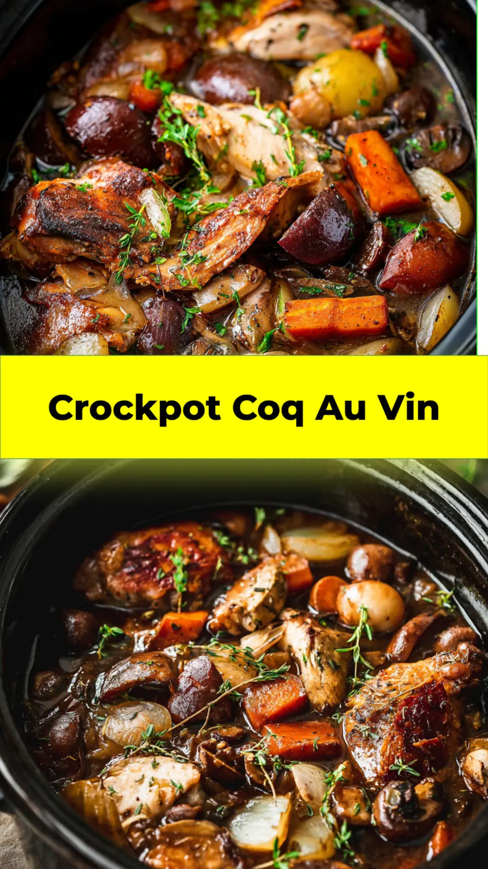 Crockpot Coq Au Vin recipe, served and ready to eat  easy homemade dinner