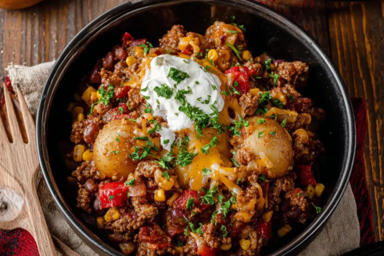 Crockpot Cowboy Casserole Ground Beef recipe, served and ready to eat, easy homemade dish