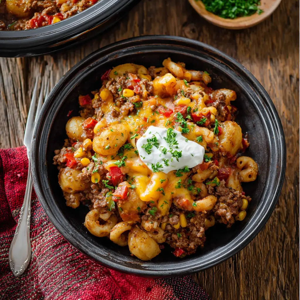 Crockpot Cowboy Casserole Ground Beef recipe, served and ready to eat, easy homemade dish