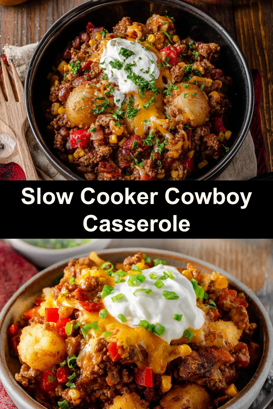 Crockpot Cowboy Casserole Ground Beef recipe, served and ready to eat, easy homemade dish_pin