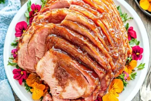 Crockpot Easter Ham Brown Sugar Glaze recipe, served and ready to eat, easy homemade dinner