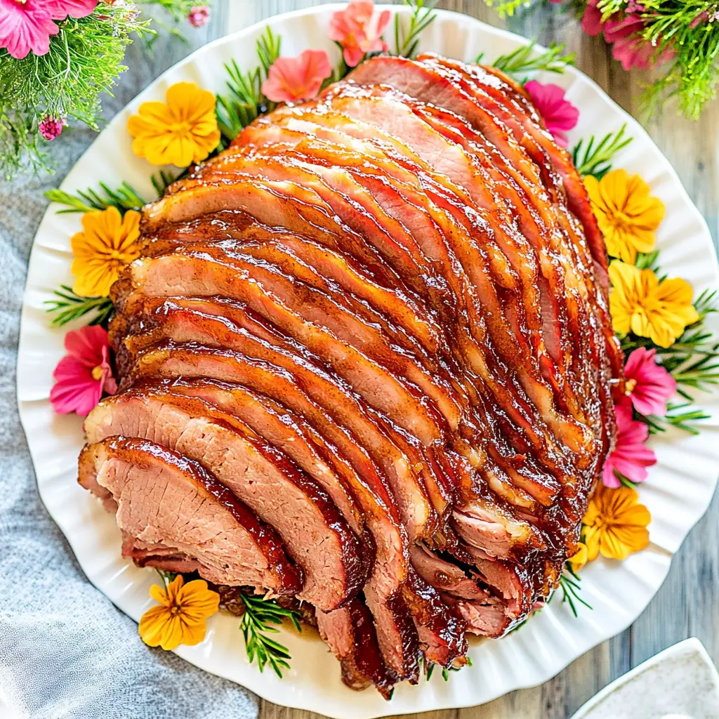 Crockpot Easter Ham Brown Sugar Glaze recipe, served and ready to eat, easy homemade dinner