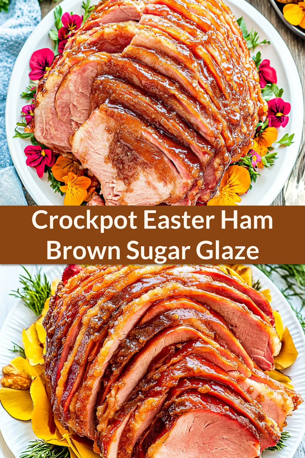 Crockpot Easter Ham Brown Sugar Glaze recipe, served and ready to eat, easy homemade dinner