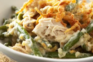 Crockpot Green Bean Chicken Casserole recipe, served and ready to eat, easy homemade dinner