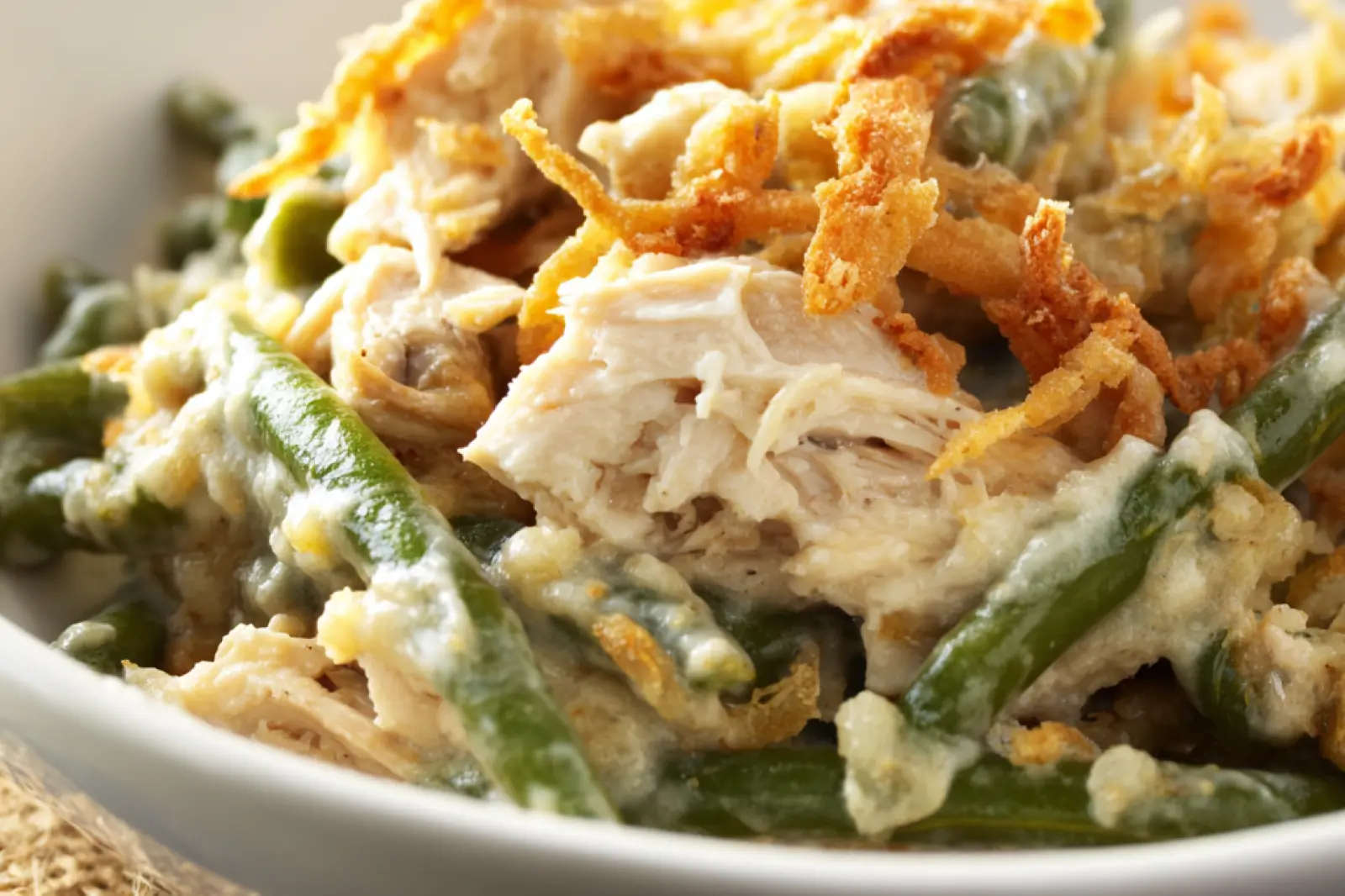 Crockpot Green Bean Chicken Casserole recipe, served and ready to eat, easy homemade dinner