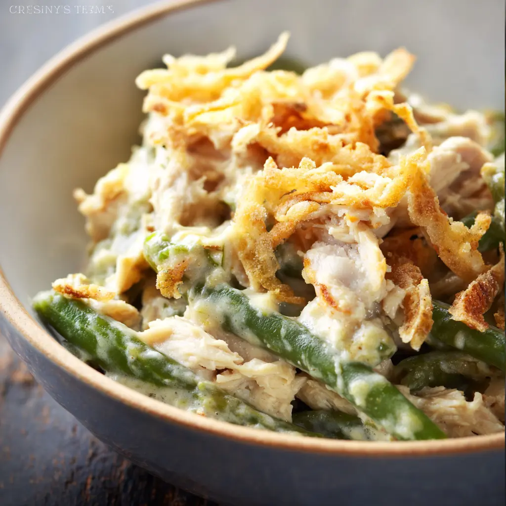Crockpot Green Bean Chicken Casserole recipe, served and ready to eat, easy homemade dinner