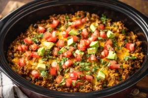 Crockpot Ground Beef Taco Casserole recipe, served and ready to eat, easy homemade dinner