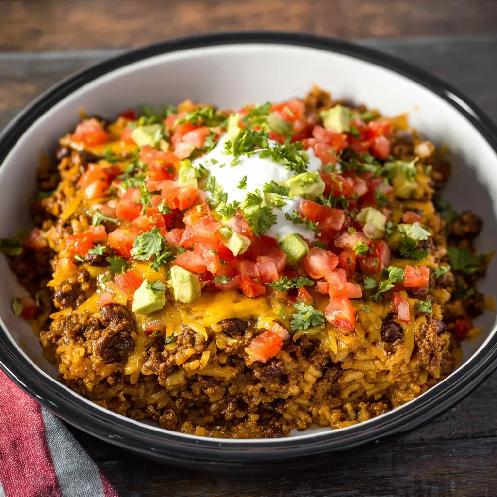 Crockpot Ground Beef Taco Casserole Your Family Will Love 3 Crockpot Ground Beef Taco Casserole recipe, served and ready to eat, easy homemade dinner