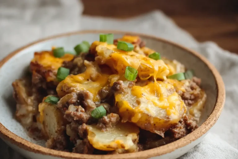 Crockpot Hamburger Potato Casserole recipe, served and ready to eat, easy homemade dish