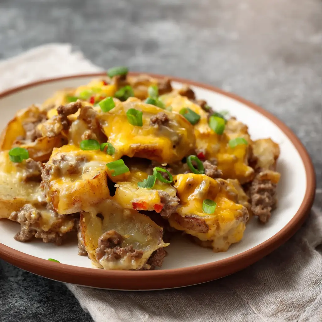 Crockpot Hamburger Potato Casserole recipe, served and ready to eat, easy homemade dish