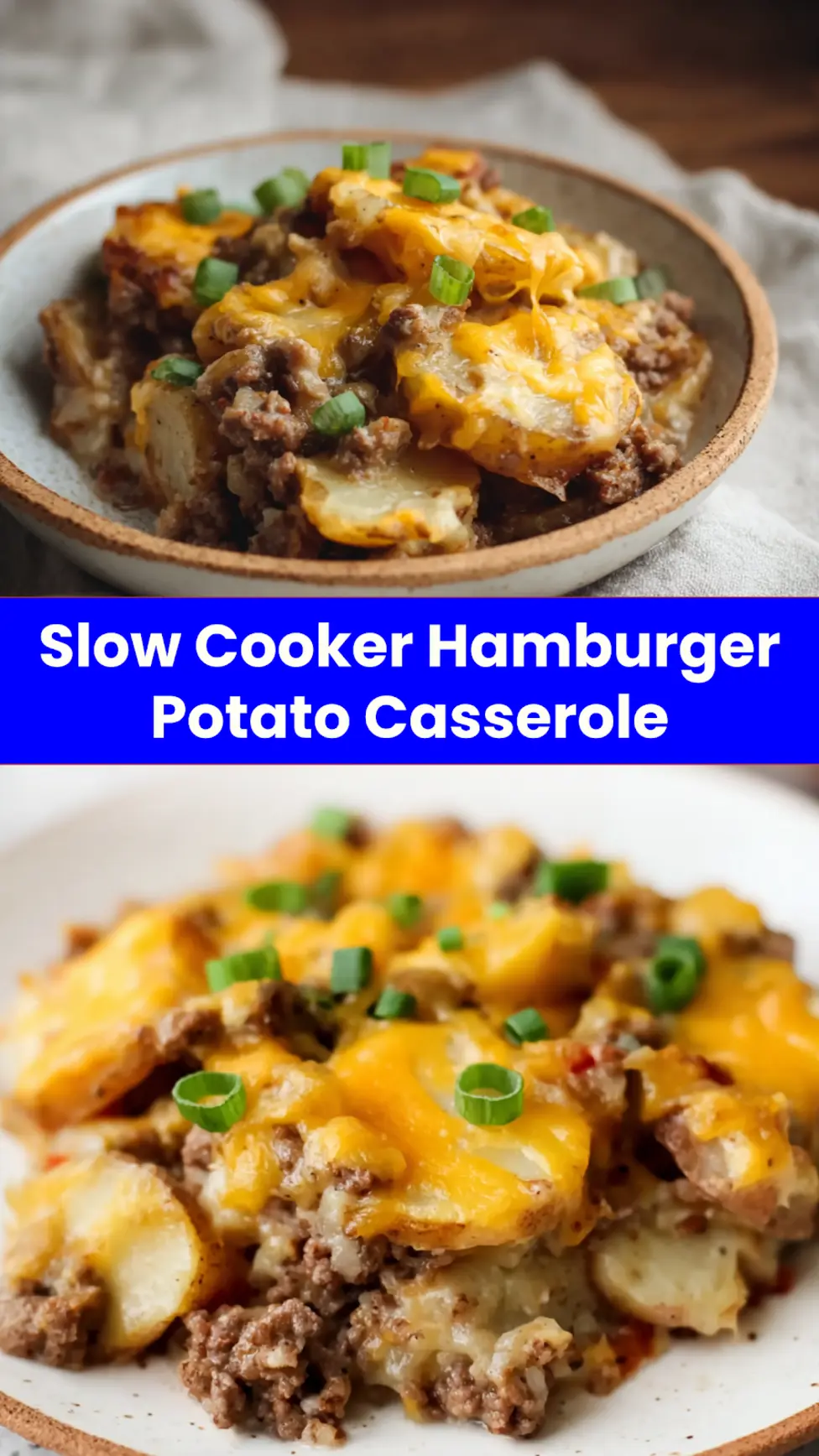 Crockpot Hamburger Potato Casserole recipe, served and ready to eat, easy homemade dish
