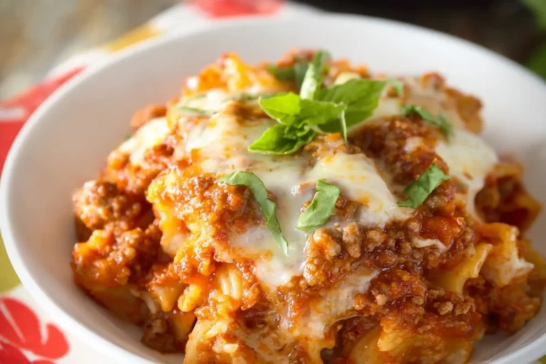 Crockpot Lasagna Casserole Ground Beef recipe, served and ready to eat, easy homemade dish