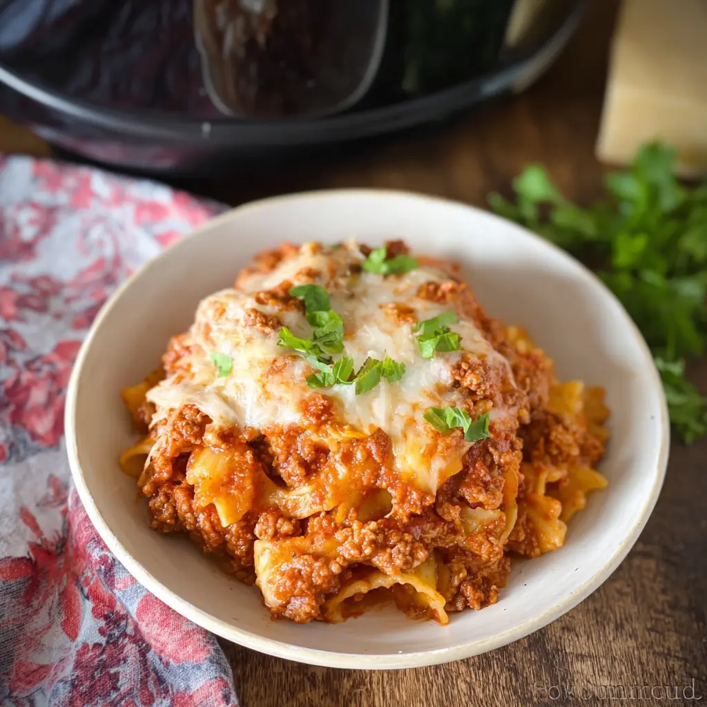Crockpot Lasagna Casserole Ground Beef recipe, served and ready to eat, easy homemade dish