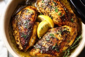 Crockpot Lemon Herb Spring Chicken recipe, served and ready to eat, easy homemade dinner