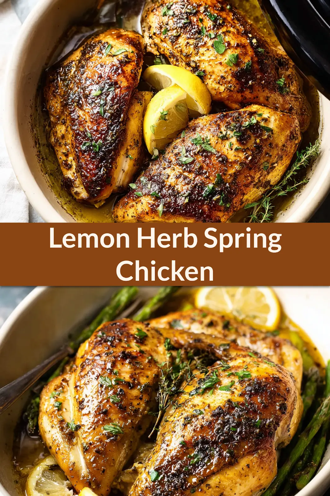 Crockpot Lemon Herb Spring Chicken recipe, served and ready to eat, easy homemade dinner