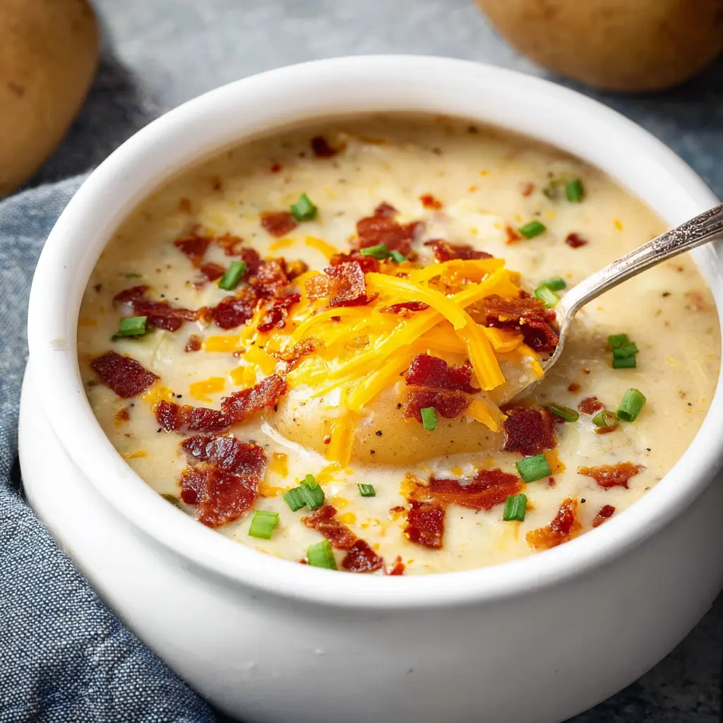 Crockpot Potato Soup Loaded With Cozy Satisfying Flavors You Will Love 2 Crockpot Loaded Potato Soup served in a bowl, topped with cheese, bacon, and green onions