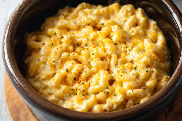 CROCKPOT MAC AND CHEESE recipe, served and ready to eat, easy homemade dinner
