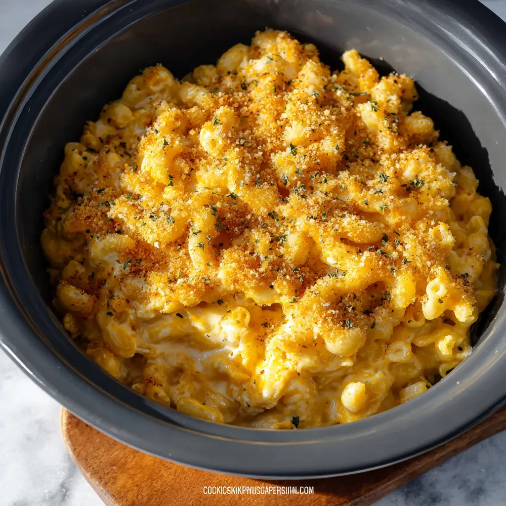 Crockpot mac and cheese served and ready to eat, easy homemade comfort food dinner