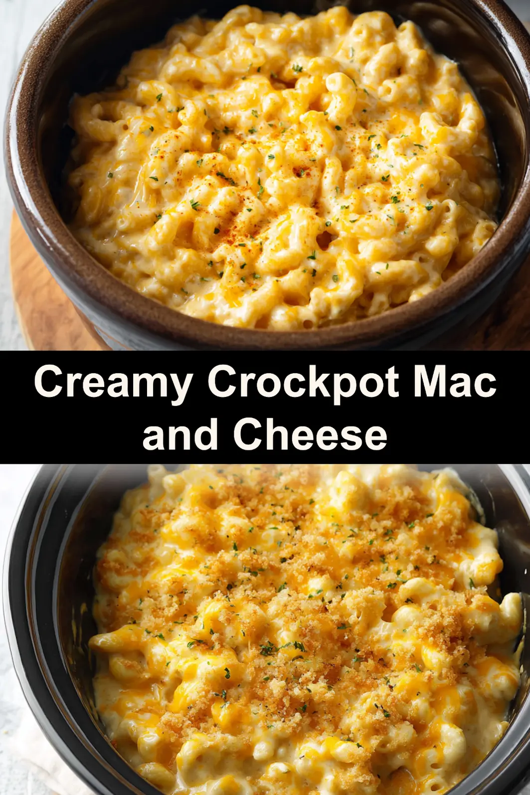 Crockpot mac and cheese recipe served and ready to eat, easy homemade dinner pin