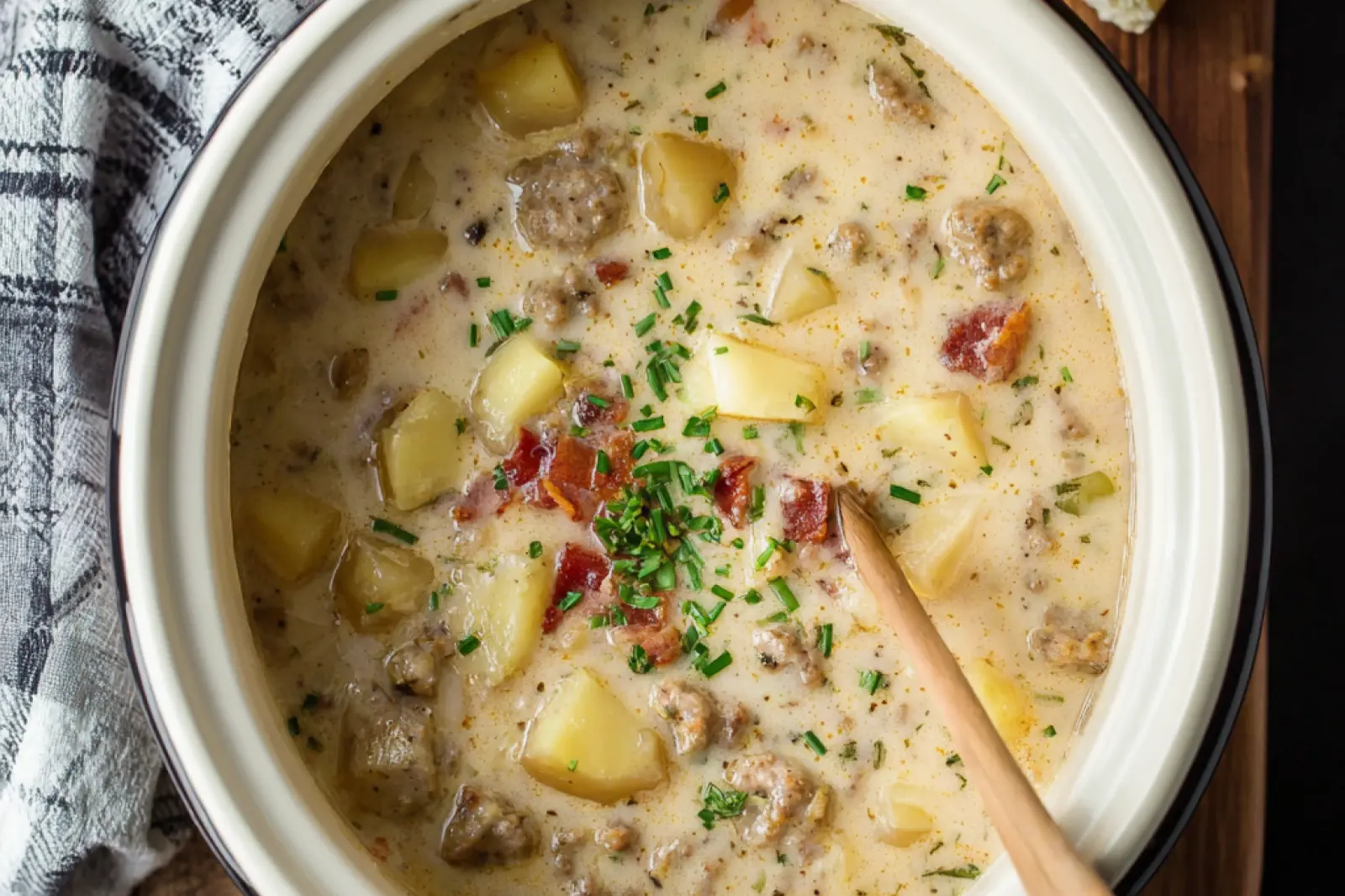 Crockpot Potato Sausage Soup recipe, served and ready to eat, easy homemade dinner