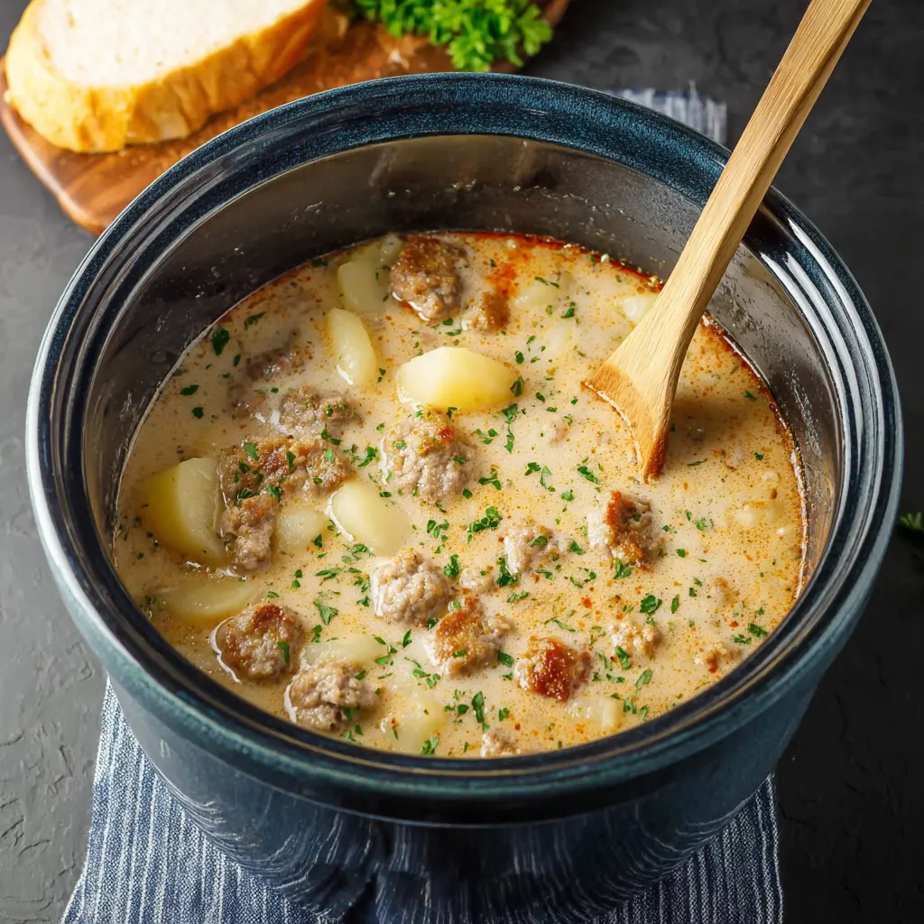 Crockpot Potato Sausage Soup Recipe That Makes Cozy Dinners Easy 3 Crockpot Potato Sausage Soup recipe, served and ready to eat, easy homemade dinner