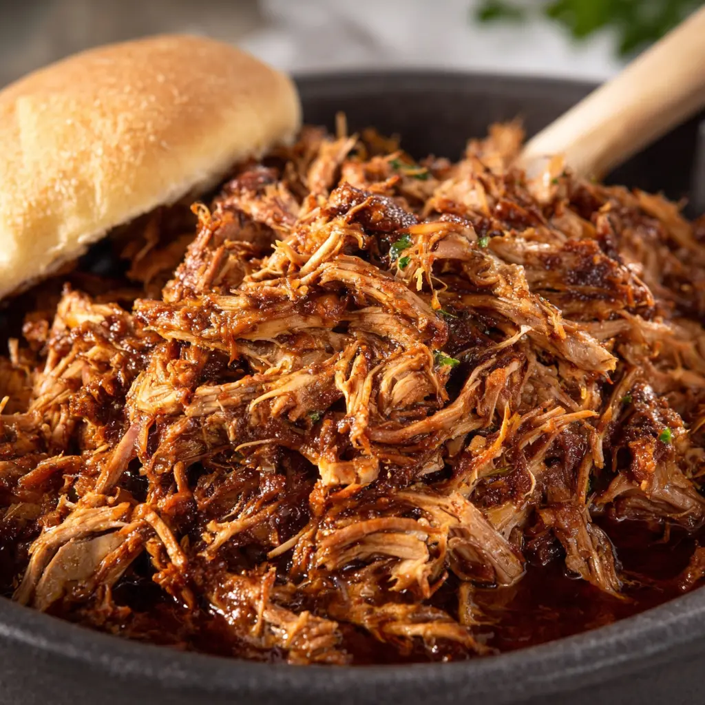 Crockpot Pulled Pork recipe, served and ready to eat, easy homemade dinner