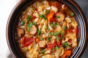 Crockpot Sausage Cabbage Soup recipe, served and ready to eat, easy homemade dinner