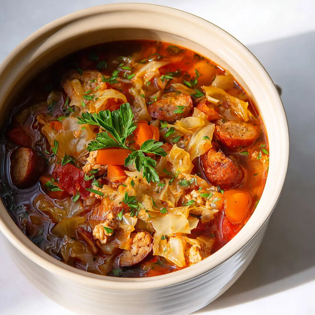 Crockpot Sausage Cabbage Soup: Comforting Easy Weeknight Recipe 3 Crockpot Sausage Cabbage Soup recipe, served and ready to eat, easy homemade dinner